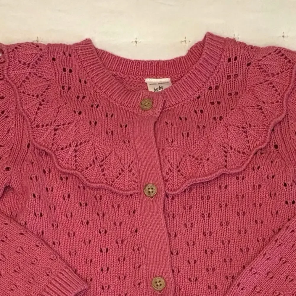 Baby B’Gosh Pointelle Cardigan Sweater Girls 24M Coral Pink Knit Button Cotton